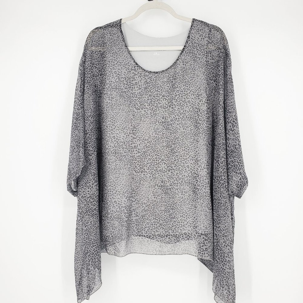 Soft Surroundings Silk Overlay Layered Tunic Blouse Grey Leopard Print Medium‎